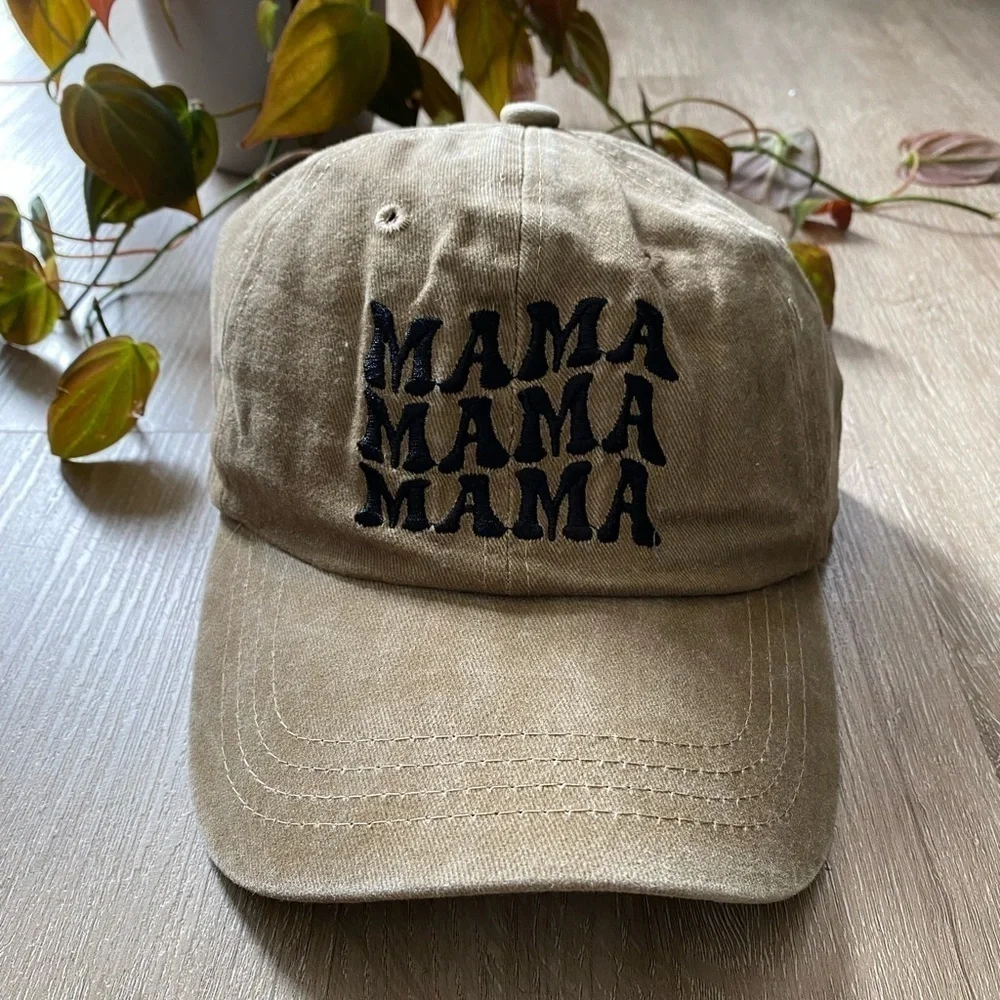 MAMA Embroidered Baseball Hat Khaki Tan Distressed Vintage Adjustable Casual